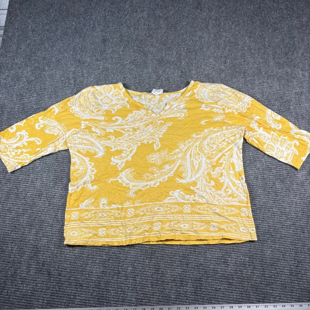 American Sweetheart Paisley Top Womens Large Yellow Excellent 3/4 Sleeve Cotton